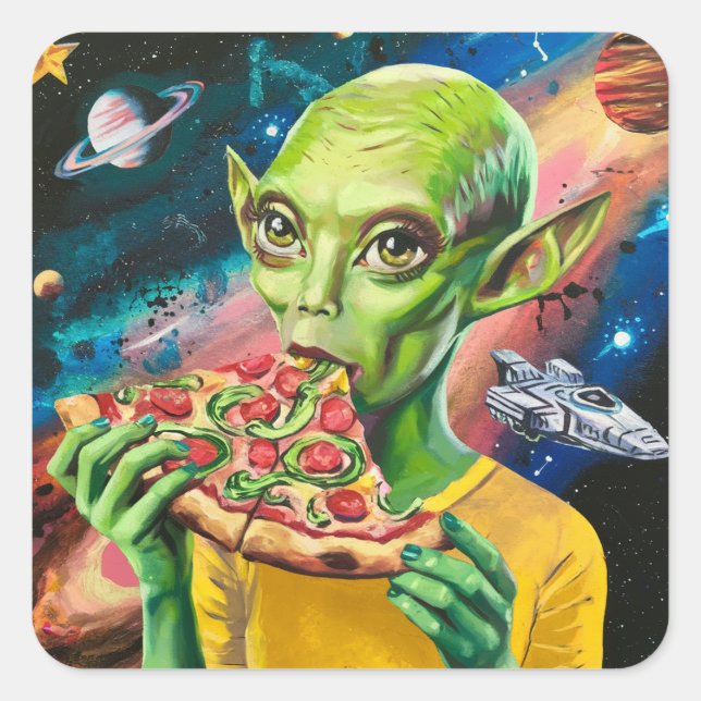 Funny Alien in Space Eating Pizza Quadratischer Aufkleber (Vorderseite)