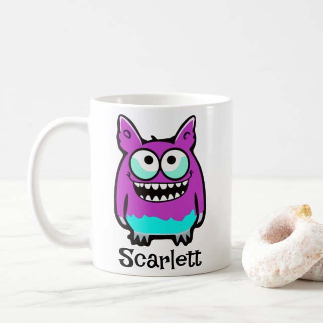 Funny Alien Lila Green Monster Cartoon Kaffeetasse (Mit Donut)