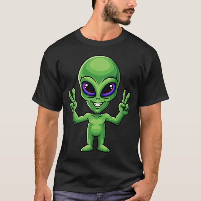 Funny Alien Peace Symbol Smiling Humor Cute UFO  T-Shirt (Vorderseite)