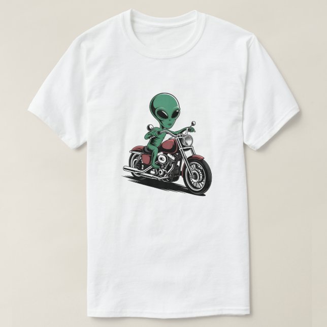 Funny Alien Riding Motorcycle T-Shirt (Design vorne)