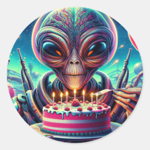 Funny Alien Themed Birthday Party Runder Aufkleber