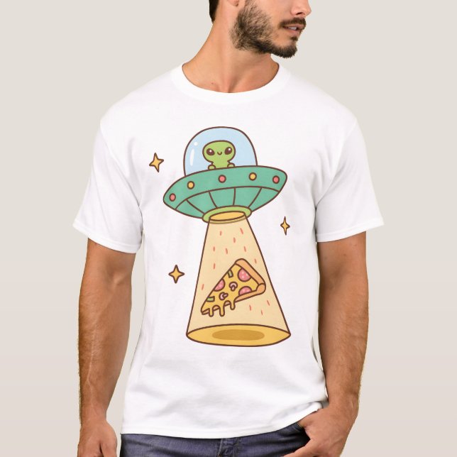 Funny Alien UFO Abutes Pizza Doodle T-Shirt (Vorderseite)