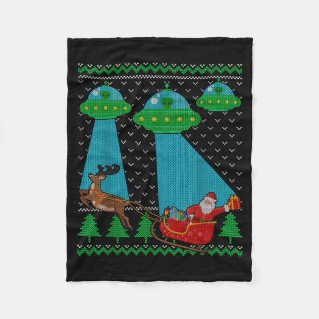 Funny Alien Ufo Santa Sleigh Ugly Christmas Sweate Fleecedecke (Vorderseite)