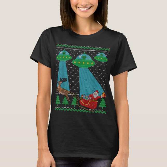 Funny Alien Ufo Santa Sleigh Ugly Christmas Sweate T-Shirt (Vorderseite)