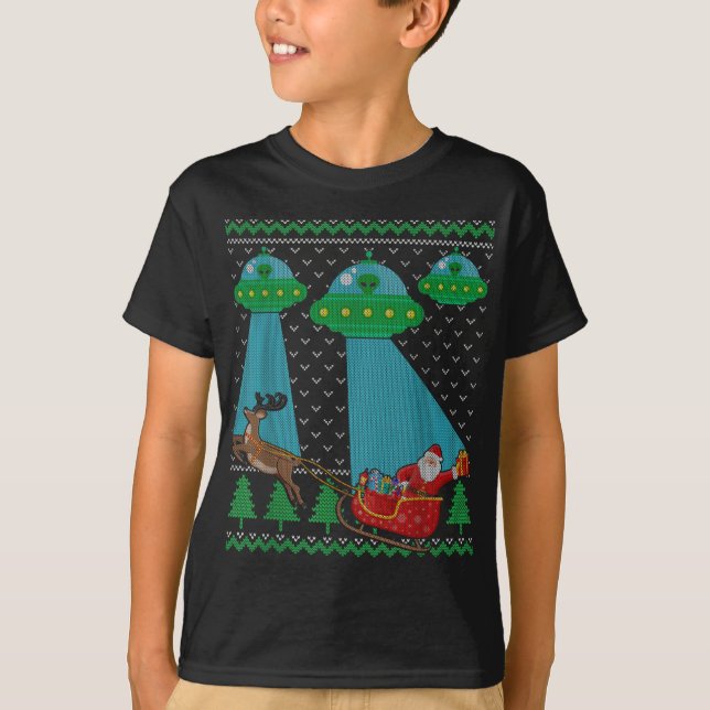 Funny Alien Ufo Santa Sleigh Ugly Christmas Sweate T-Shirt (Vorderseite)