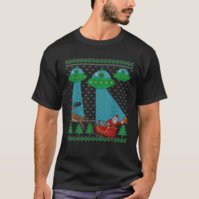 Funny Alien UFO Santa Sleigh Ugly Christmas Sweet T-Shirt (Vorderseite)