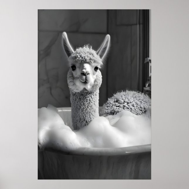 Funny Alpaca Bubble Bath Art, Bathroom Print Poster (Vorne)