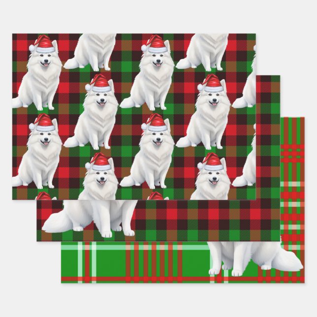 Funny American Eskimo Christmas Dog Red Kariert Geschenkpapier Set (Set)