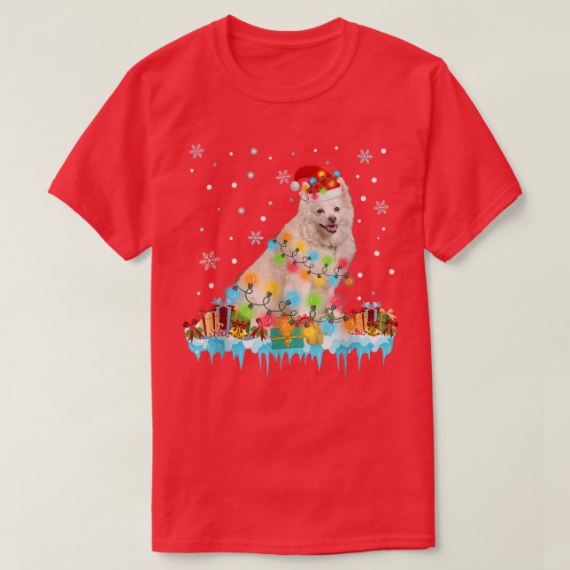 Funny American Eskimo Dog Tree Weihnachtsbeleuchtu T-Shirt (Design vorne)