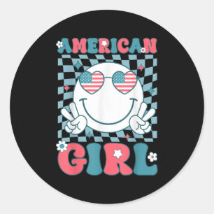 Funny American Girl Smile Face 4. Juli Patriot Runder Aufkleber