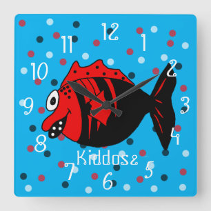 Funny and cute black and red fantasy fish quadratische wanduhr
