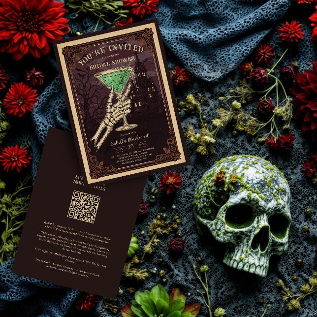 Funny and Sophisticated Halloween Gothic Cocktail  Einladung (Funny and Sophisticated Gothic Halloween Cocktail for Bridal Shower Invitation Cards with QR Code.)