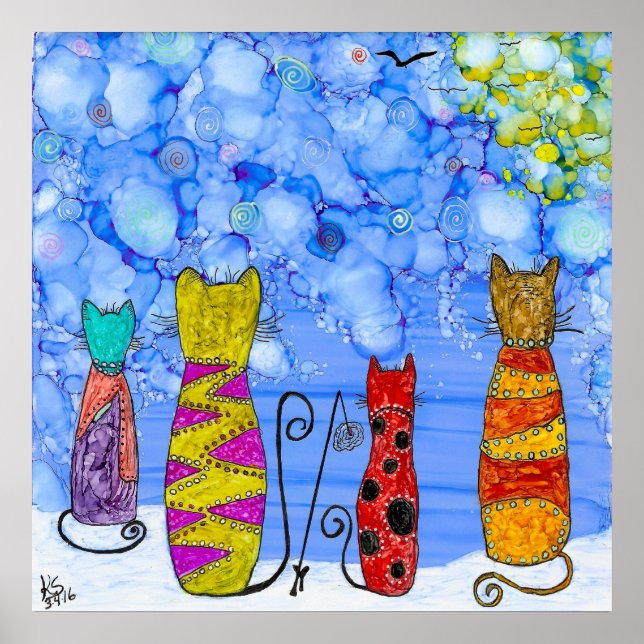 Funny and Whimsisical Cats Fishing Poster (Vorne)