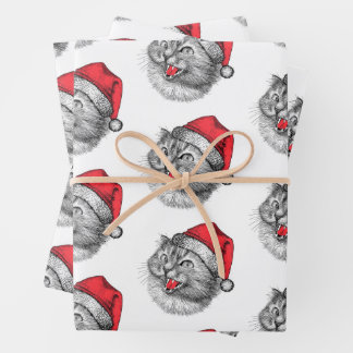 Funny Angry Christmas Santa Hat Cat Geschenkpapier Set