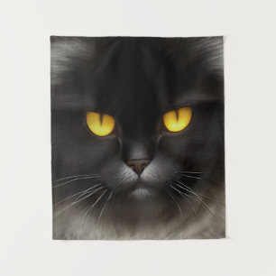 Funny Angry Fluffy Black Persian Kitty Cat Face Wandteppich
