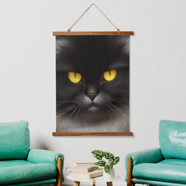 Funny Angry Fluffy Black Persian Kitty Cat Face Wandteppich Mit Holzrahmen (Wohnzimmer)