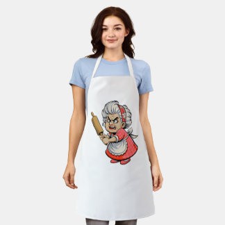 Funny Angry Old Lady with Rolling Pin Cartoon Art Schürze