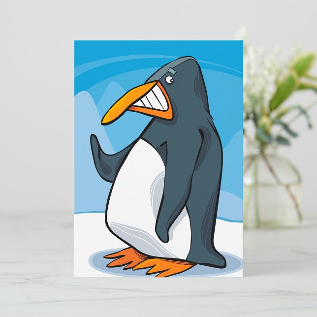Funny Angry Pinguin Cartoon Cool Waving Einladung (Von Creator hochgeladen)