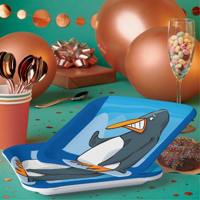 Funny Angry Pinguin Cartoon Cool Waving Pappteller (Von Creator hochgeladen)