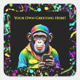 Funny Animal Chimpanzee mit Telefon- Quadratischer Aufkleber