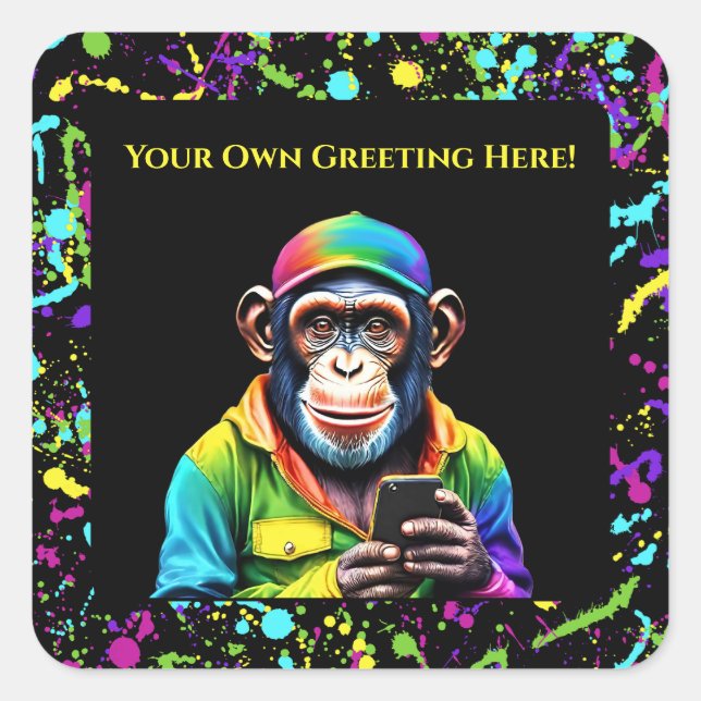 Funny Animal Chimpanzee mit Telefon- Quadratischer Aufkleber (Vorderseite)