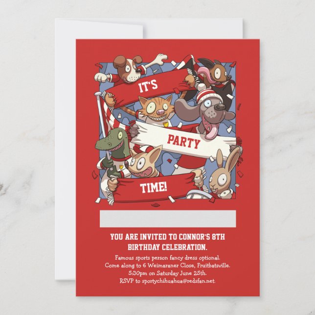 Funny Animal Sports Fans Scarf Waving Cartoon Einladung (Vorderseite)