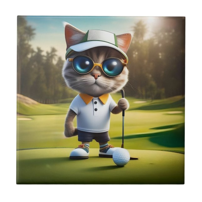Funny Animated Cat Golf Player, Fliese (Vorderseite)