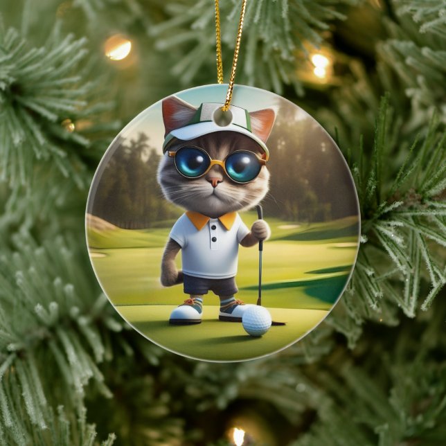 Funny Animated Cat Golf Player, Keramik Ornament (Baum)