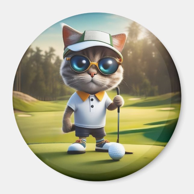 Funny Animated Cat Golf Player, Magnet (Vorne)