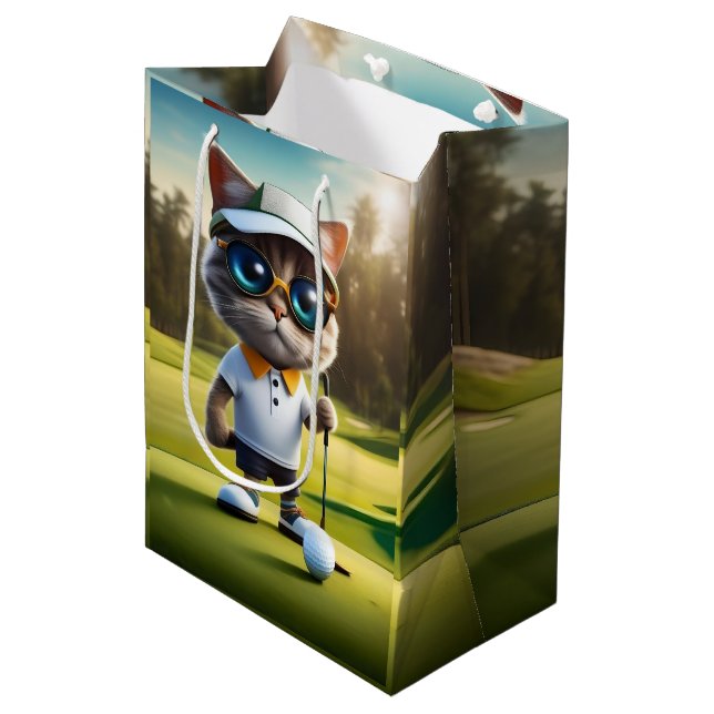 Funny Animated Cat Golf Player, Mittlere Geschenktüte (Vorderseite Schrägansicht)
