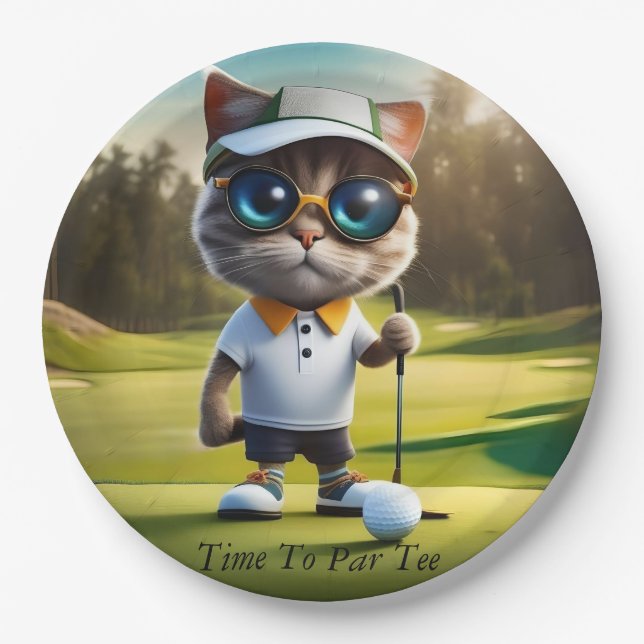 Funny Animated Cat Golf Player, Pappteller (Vorderseite)