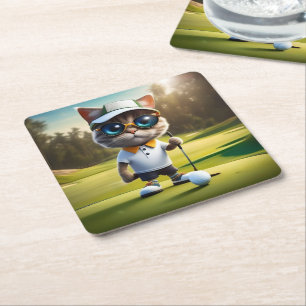 Funny Animated Cat Golf Player, Rechteckiger Pappuntersetzer