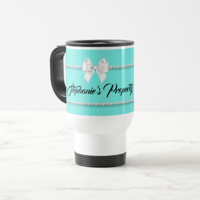 Funny Aqua Tiffany Pearls Girly Name Personalisier Reisebecher (Vorderseite Links)