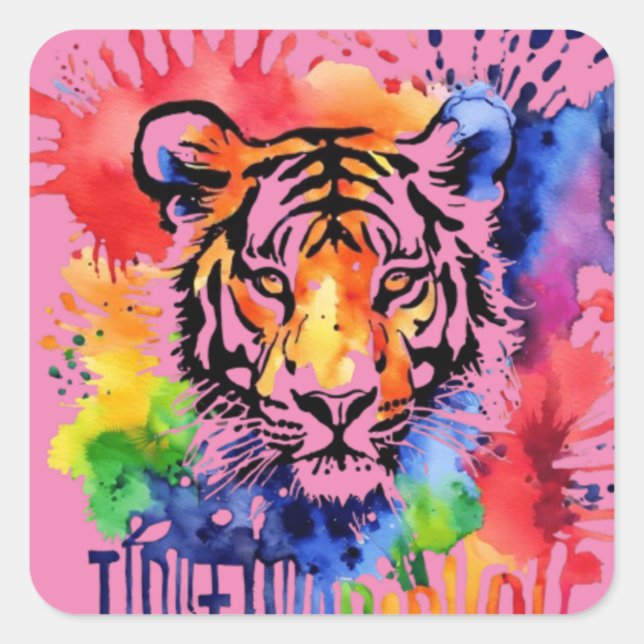 Funny Aquarell bunter Tiger Quadratischer Aufkleber (Vorderseite)
