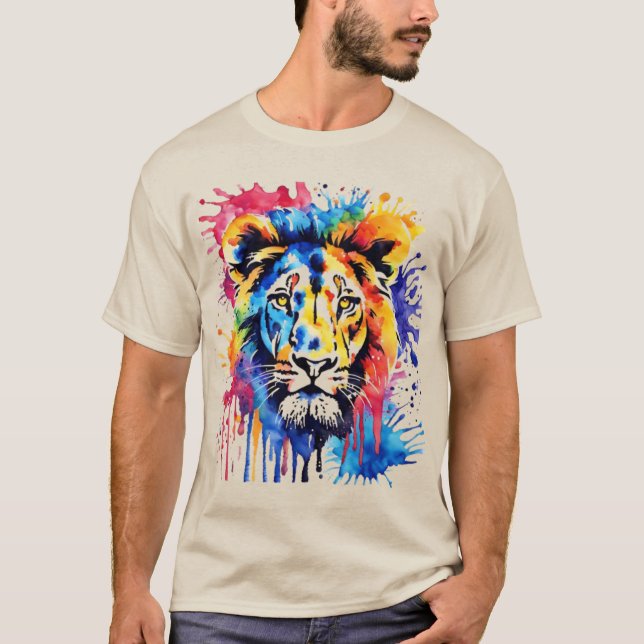 Funny Aquarell farbiger Löwe T-Shirt (Vorderseite)