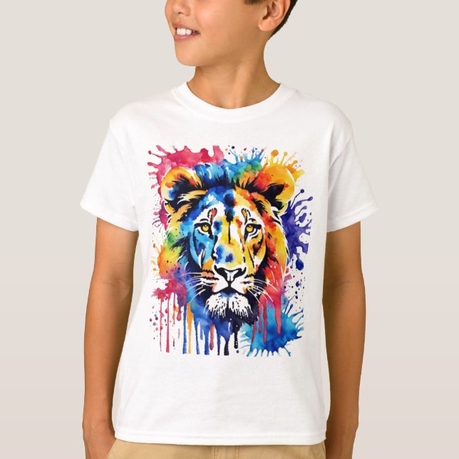 Funny Aquarell farbiger Löwe T-Shirt (Vorderseite)
