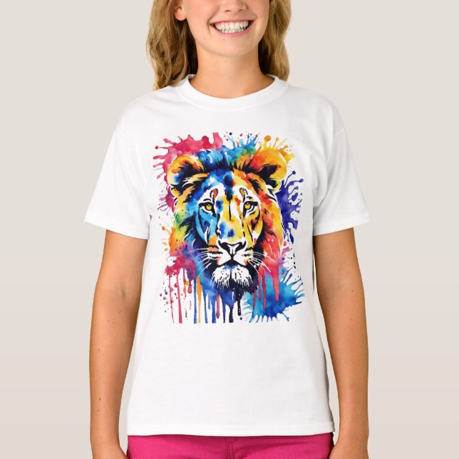 Funny Aquarell farbiger Löwe T-Shirt (Vorderseite)