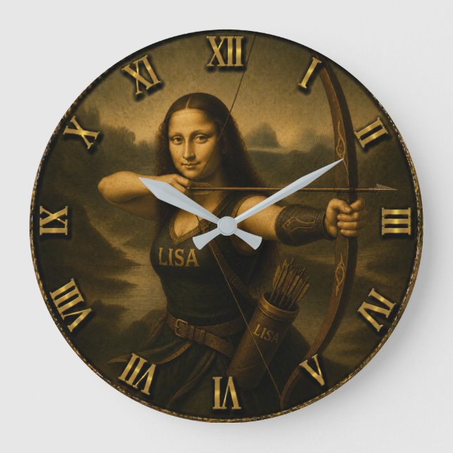 Funny Archery Mona Lisa Bow and Arrow Gift Große Wanduhr (Vorderseite)