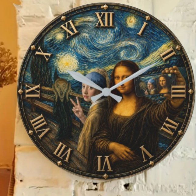 Funny Art Selfie Mona Lisa  Große Wanduhr (Von Creator hochgeladen)