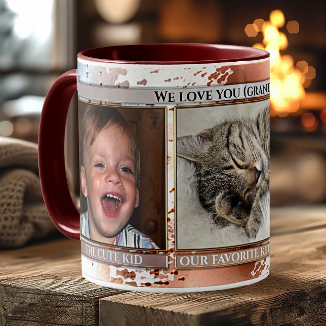 Funny Artistic Blue Brown Niedliches Foto Tasse (Funny photo mug featuring 3 photos of your favorite family members framed by an artistic design)