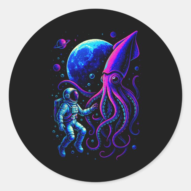 Funny Astronaut And Squid In Underwater Space With Runder Aufkleber (Vorderseite)