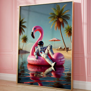 Funny Astronaut auf der Pink Flamingo Beach Wall A Poster