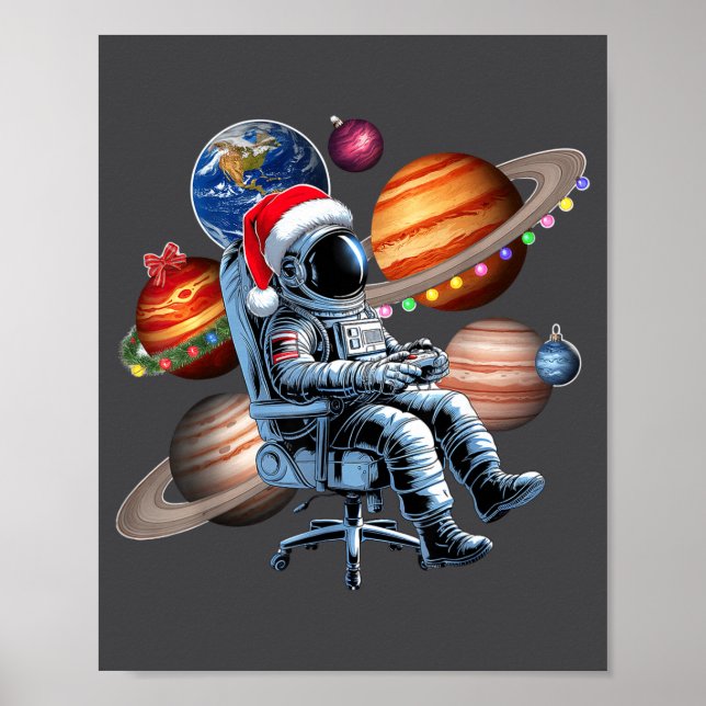 Funny Astronaut Christmas Space Lights Santa Hat P Poster (Vorne)