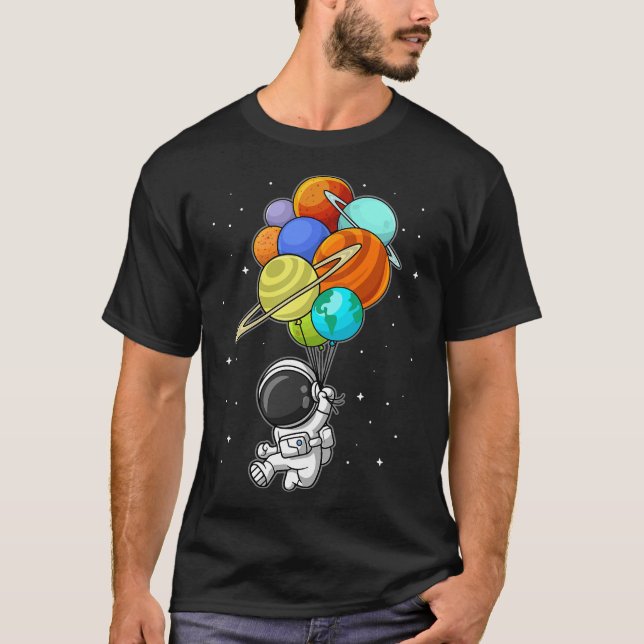 Funny Astronaut Holding Planet Balloons Weltraumki T-Shirt (Vorderseite)