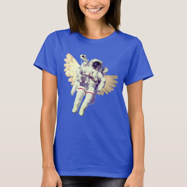 Funny Astronaut mit Angel Wings im Weltraum T-Shirt (Vorderseite)