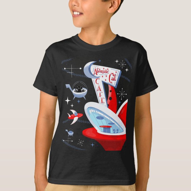 Funny Atomcat Cafe Retro Futuristic Spaceport m T-Shirt (Vorderseite)
