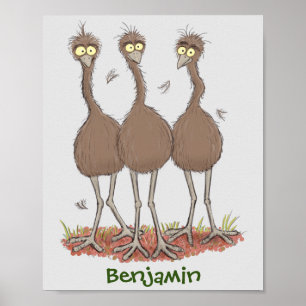 Funny Australian emu trio Cartoon Illustration Poster