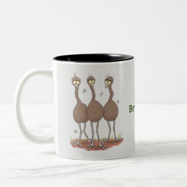 Funny Australian emu trio Cartoon Illustration Zweifarbige Tasse (Links)