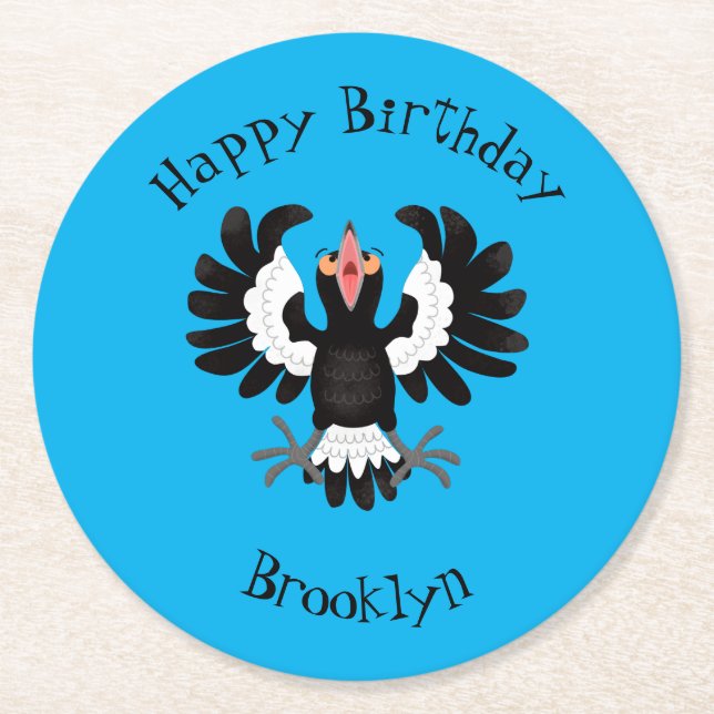 Funny Australian Magpie Cartoon Illustration Runder Pappuntersetzer (Vorderseite)