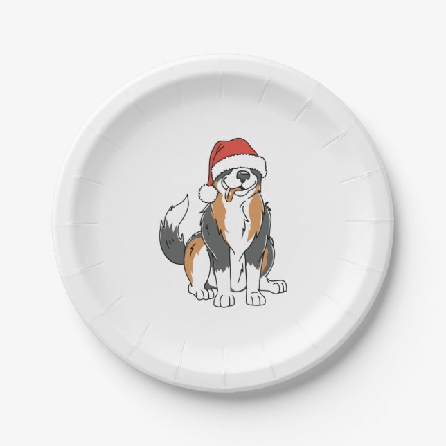 Funny Australian Shepherd Christmas Dog in Santa H Pappteller (Vorderseite)